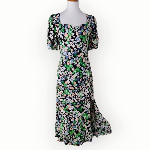 H&M Dresses & Skirts - H&M Midi Dress Size Small Black Florals Side Slit Sweetheart Neckline